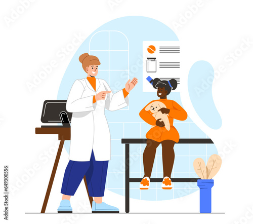 People at pediatric room concept. Woman in medical uniform with kid or child. Pediatrician with girl. Template, layout and mock up. Cartoon flat vector illustration isolated on white background