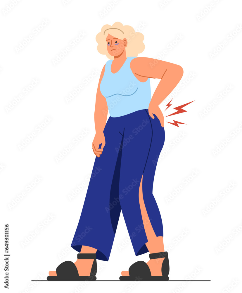 Woman with PMS symptome concept. Young girl suffer from pain in back. Abdominal cramps, menstruation. Template and mock up. Cartoon flat vector illustration isolated on white background Woman with PMS symptome concept. Young girl suffer from pain in back. Abdominal cramps, menstruation. Template and mock up. Cartoon flat vector illustration isolated on white background