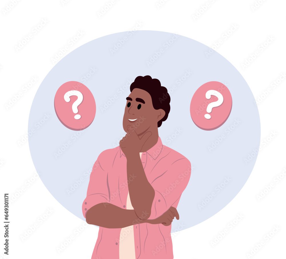 Make choice, decision concept. A young black man makes a choice, thinks, analyzing two options. Doubting, deciding, setting priorities. Flat vector illustration. Make choice, decision concept. A young black man makes a choice, thinks, analyzing two options. Doubting, deciding, setting priorities. Flat vector illustration.