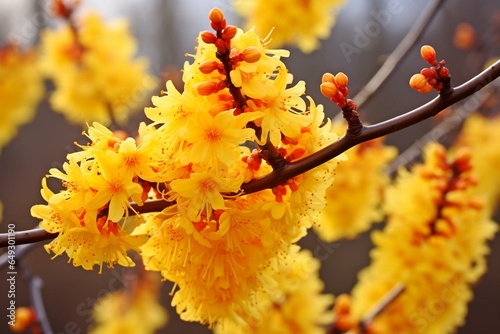 Beautiful yellow hamamelis intermedia with stunning arnold promise blooms during winter and spring. Generative AI photo