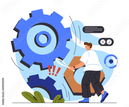 Man with problem analysis concept. Young guy with magnifying glass look at gears and coghweel. Entrepreneur or analyst evaluates workflow efficiency. Cartoon flat vector illustration