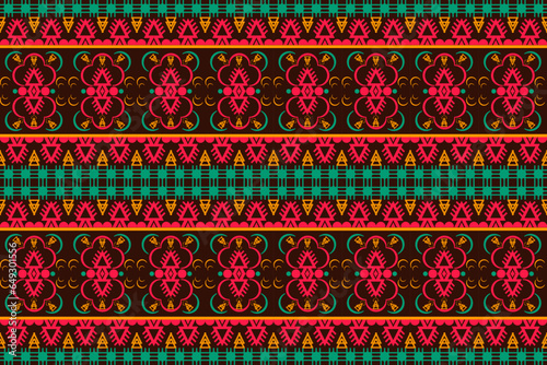 Abstract ethnic pattern, seamless floral, ikat work, geometric shapes, Indian tribal pattern, brown, green, red talki for textiles, carpets, cushions, clothes, scarves. photo