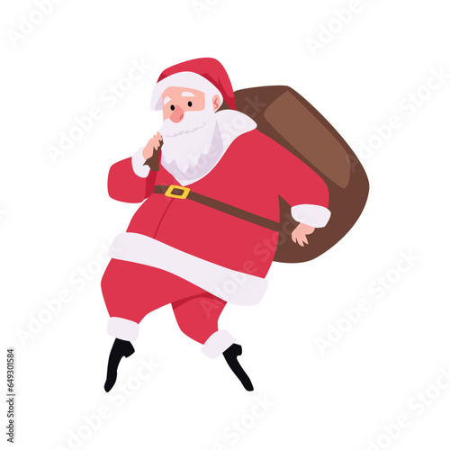 Cute Santa with big gift bag sneaking on toes flat style, vector illustration
