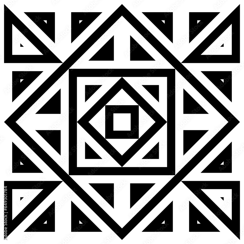 Surface pattern design with squares, triangles, rhombuses. Black polygons abstract. Ethnic embroidery background. Mandala wallpaper. Carpet motif. Digital paper with ancient ornament. Vector image.
