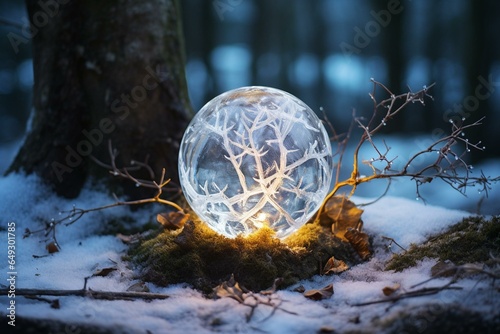 A magical snow-covered quartz ball in a serene winter setting, ideal for solstice and yule rituals. Generative AI
