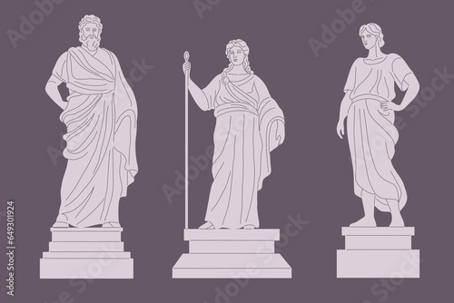 Ancient historic monuments classical greece culture, greek statue roman set. Cartoon antique statues. Vector illustration of antique greece historical monument