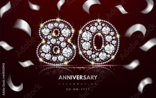 Birthday 80th Anniversary Banner made of Diamond Jewelry and Serpentine Confetti. 3d realistic illustration. Vector.