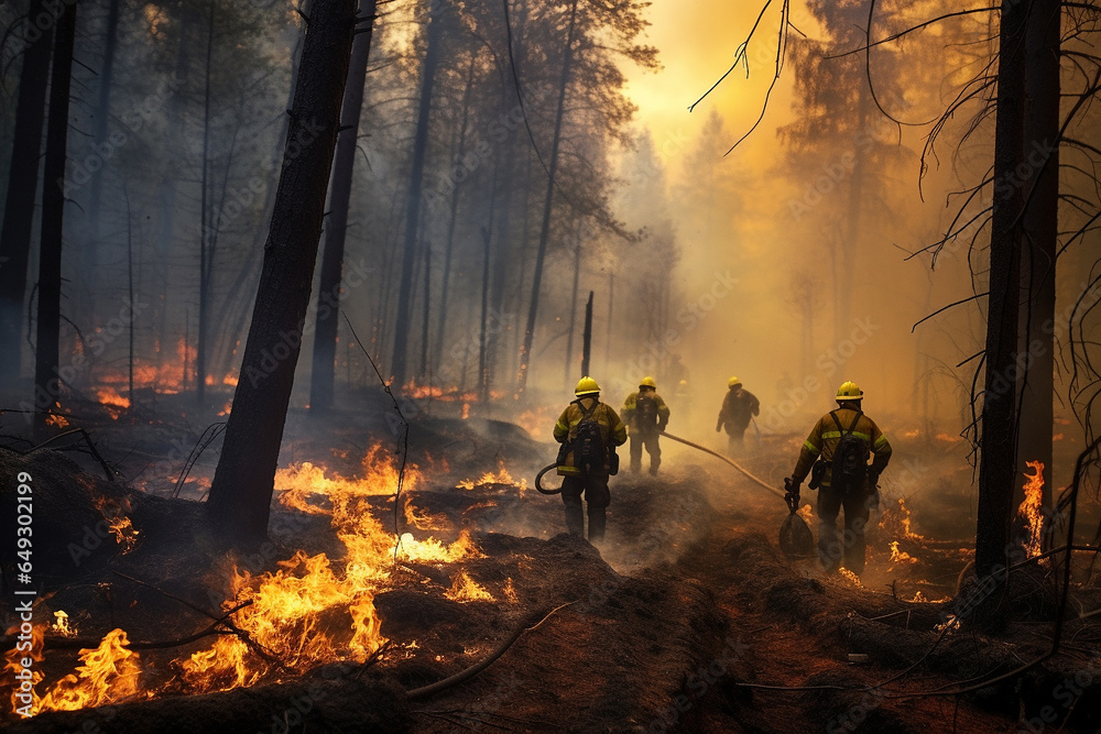 Firefighters put out a fire in the forest - obrazy, fototapety, plakaty 
