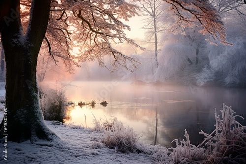 Stunning winter scene with a frosty lake and woodland bathed in dawn's light. Generative AI