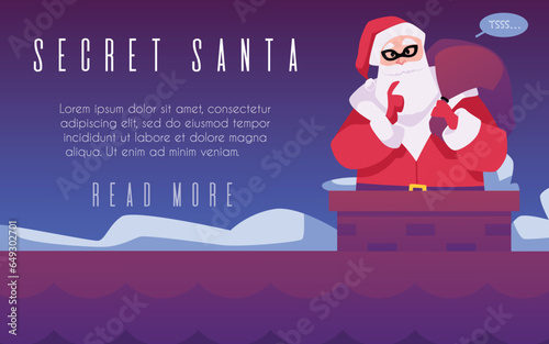 Secret santa with gift bag in mask on the roof in chimney, vector Santa Claus delivering present, happy new year landing photo