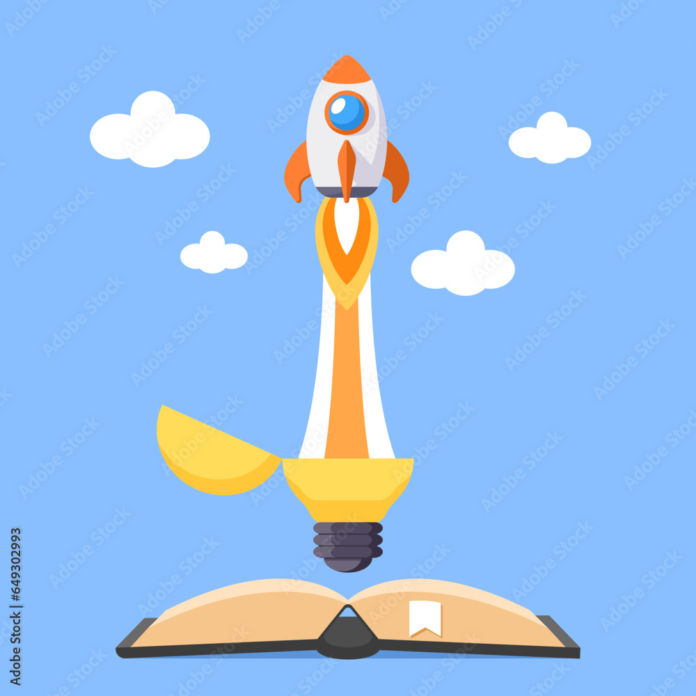 The book knowledge has a lightbulb unlock the Rocket. Startup business Innovation new idea concept. Marketing boost up. Vector illustration flat design for banner, poster, and background.