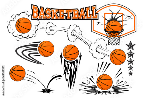 Flying basketball ball icons set in comic style. Basketball banner, poster template. Vector on transparent background photo