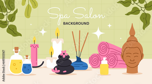 Spa salon background concept. Colorful towels, candles and aroma sticks. Pack for relaxation and wellbeing, spa procedures. Stones with flowers and lotion. Cartoon flat vector illustration
