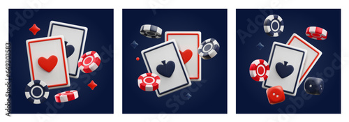 Set of vector banners, flyers with chips, tokens for poker and casino games, playing ace cards in realistic 3d style