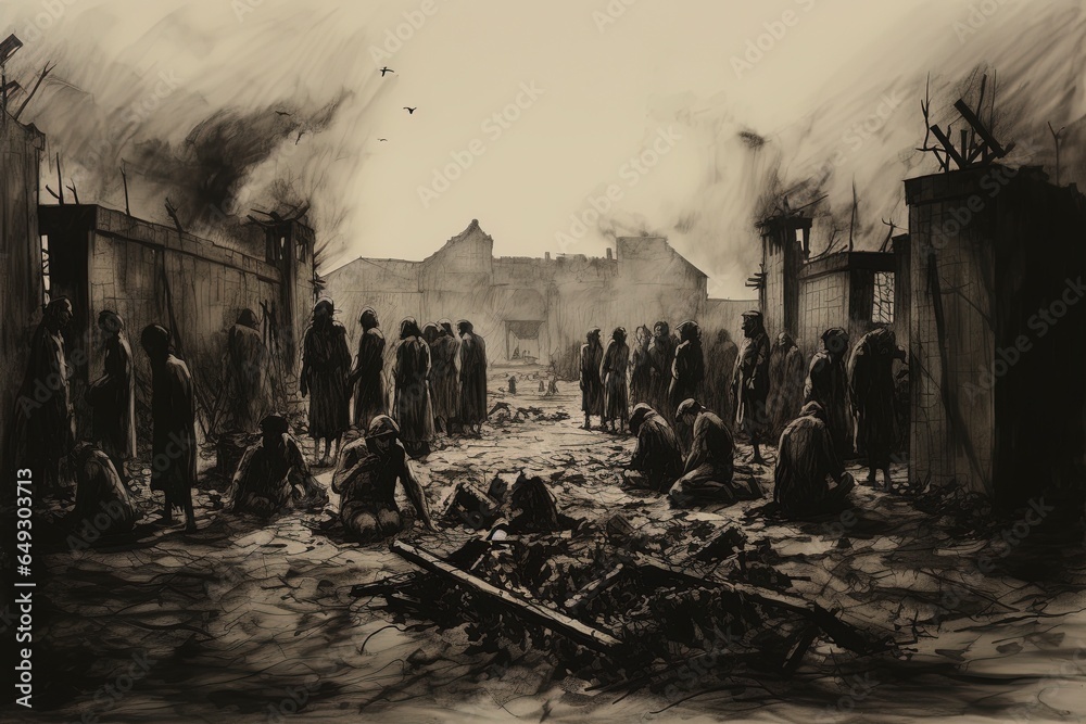 Dark WWII prison camp with prisoners as silhouettes illustration (1939-1945) - obrazy, fototapety, plakaty 