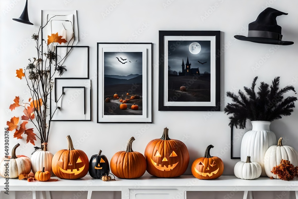 Obraz premium halloween background with pumpkin and scary paintings on wall. 