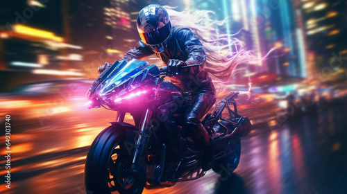 Cyberpunk Girl on Motorbike Blurred Neon City Background © Voysla
