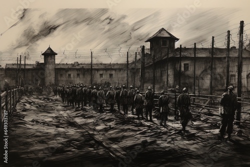 Dark WWII prison camp with prisoners as silhouettes illustration (1939-1945)