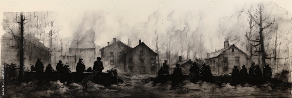 Dark WWII prison camp with prisoners as silhouettes illustration (1939-1945)