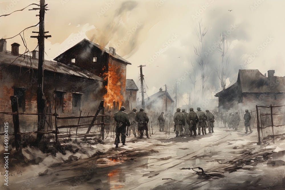 Dark WWII prison camp with prisoners as silhouettes illustration (1939-1945) Dark WWII prison camp with prisoners as silhouettes illustration (1939-1945)