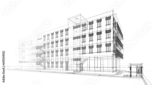 Modern building architectural sketch 3d rendering