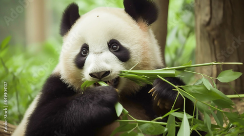 A tiny baby panda  its eyes sparkling with innocence  contentedly nibbles on fresh green bamboo shoots amidst the lush tranquility of the verdant forest.ai generate