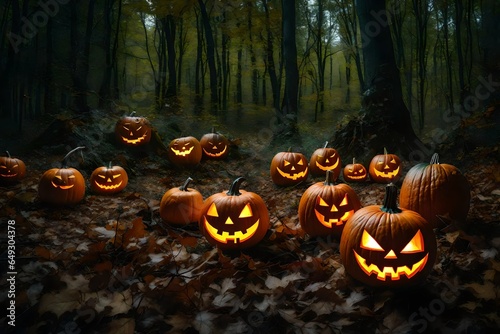 halloween jack o lantern pumpkins in woods .