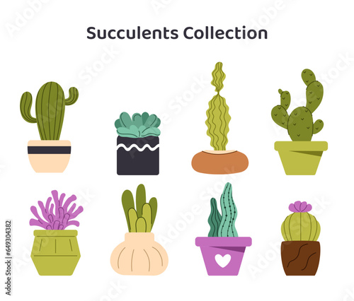 Succulents and plants set. Cactus and decorative flowers in pots. Elements of decor and interior. Trendy hugge style, urban jungle. Cartoon flat vector collection isolated on white background