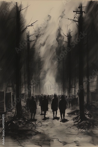 Dark WWII prison camp with prisoners as silhouettes illustration (1939-1945) photo