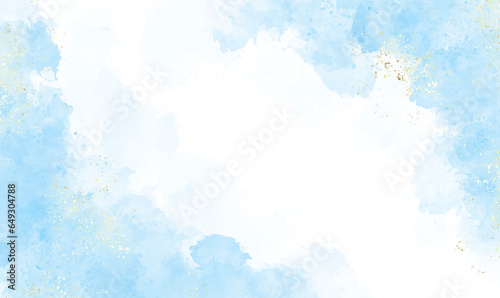 Abstract watercolor or alcohol ink art blue background with golden crackers. Pastel blue marble drawing effect. llustration design template for wedding invitation,decoration, banner, background. Png © Deemerwha