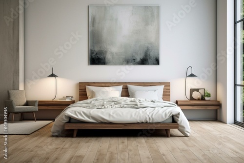 Modern bedroom with bed, window, parquet floor, lamp, and blank canvas. Generative AI
