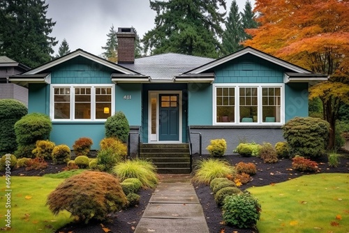 Contemporary cottage house in grey with a charming teal door and attractive curb appeal. Generative AI