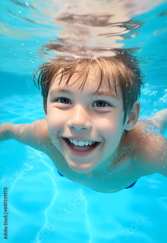 little child happy in swimming pool, school boy enjoy and smiling in underwater, kid swimming, teenage boy enjoy his life © maxnyc