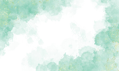 Abstract watercolor or alcohol ink art green background element with golden crackers. Pastel green marble drawing effect. template for wedding invitation,decoration, banner, background, png file	
