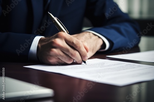A businessman writing notes on a document in a professional setting