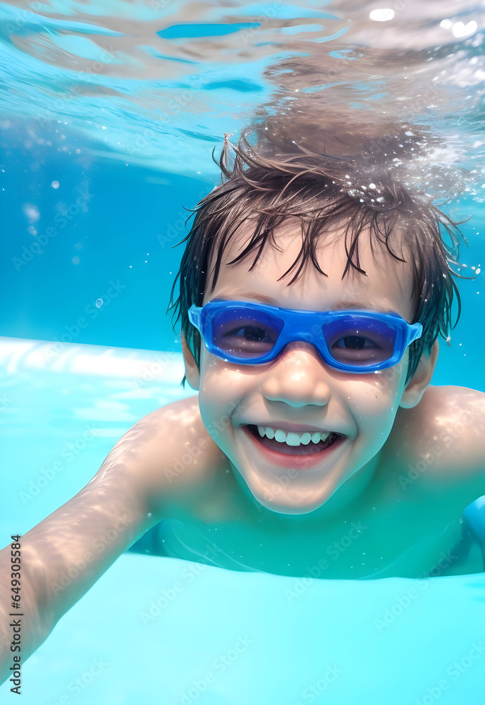 Fototapeta premium little child happy in swimming pool, school boy enjoy and smiling in underwater, kid swimming, teenage boy enjoy his life