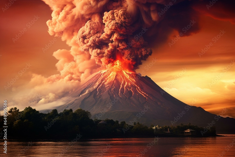 Erupting remote volcano in Indonesia. Generative AI