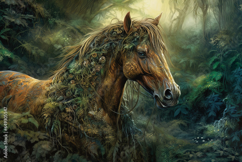 Image of horse in the jungle covered with leaves and grass. Wildlife Animals. Illustration  Generative AI.