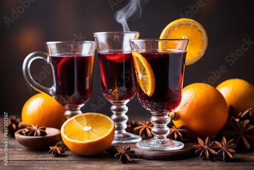 Glühwein mit aromatischen Gewürzen und Zitrusfrüchten auf einem Holztisch, Traditionsgetränk zur Weihnachtszeit.