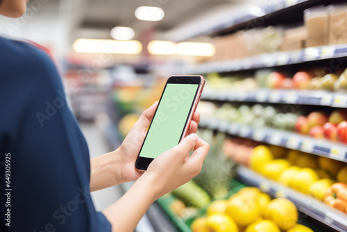 Modern Consumer: Female Hand Holding Smartphone at Supermarket, Embracing Tech-Savvy Shopping Experience