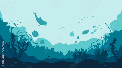 Sea bottom flora and fauna, seafloor world vector background. Dolphin silhouette, seaweed and reef, fish school on underwater landscape. 