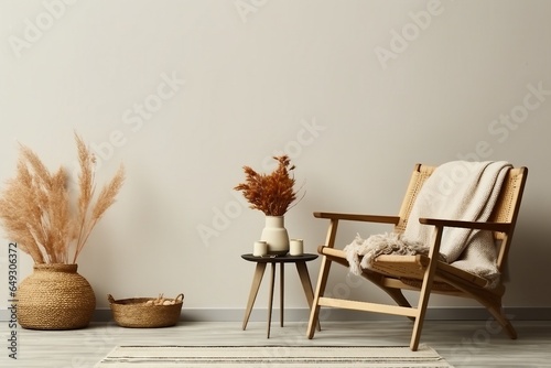 Neutral concept of living room interior with design wooden armchair  round carpet  dried flowers in vase  slippers  decoration and elegant personal accessories. generative ai.