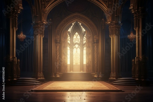 A medieval throne room with gothic arches and windows. 3D illustration. Generative AI
