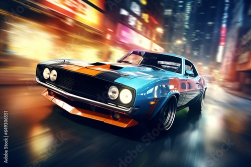 Muscle car racing on street with neon lights and motion blur. Generative AI