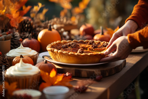 Close-up of hands reaching for servings of delicious pumpkin pie on an outdoor dessert table, showcasing the sweet finale to a Thanksgiving feast, Thanksgiving, Thanksgiving dinner photo