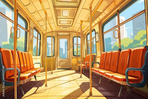Bus interior with empty orange seats. Row of seats inside tourist bus. Public city transport. Empty city tram salon. Public land transport. Generative ai