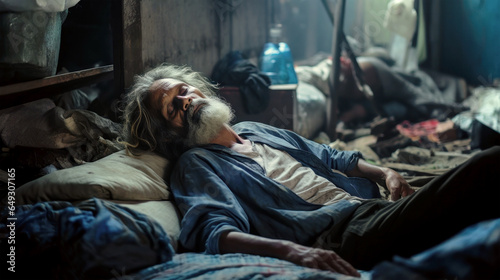 Poor homeless elderly man snore on a shabby street or hideaway. Poverty photo