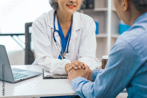 Photography Elderly patient asian people attentively listening to mature doctor, receiving valuable health advice and discussing comprehensive health results in caring medical environment