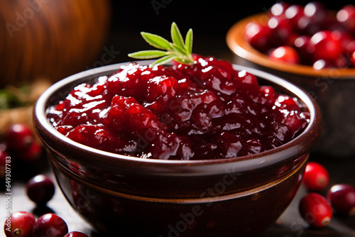 A close-up of a luscious homemade cranberry sauce, with whole berries glistening in a sweet and tangy glaze, Thanksgiving, Thanksgiving dinner