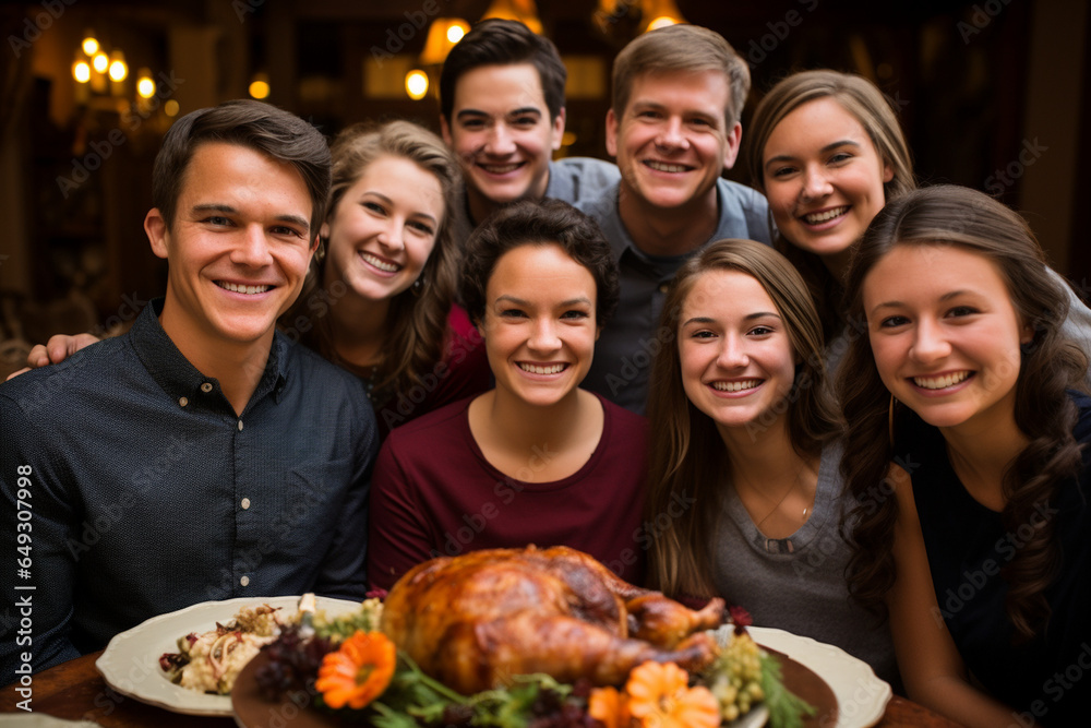 A heartwarming group photo of the entire family gathered around the Thanksgiving dinner table, capturing the love and unity of this special holiday, Thanksgiving, Thanksgiving dinn